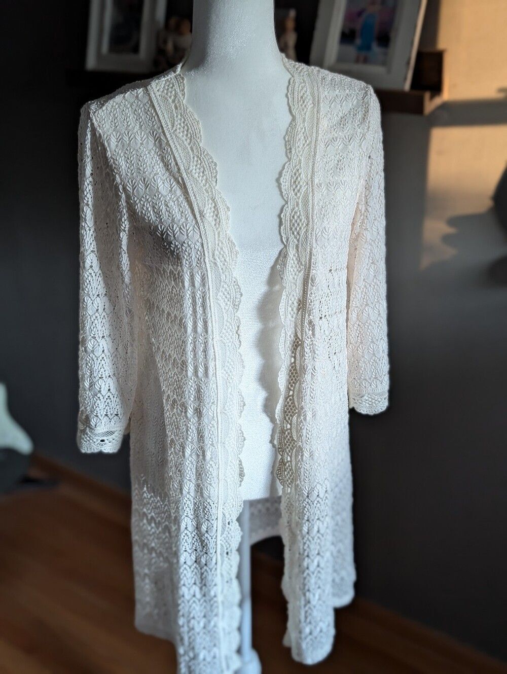Boho Ivory Lace Kimono Duster Open Front Cardigan Layering M